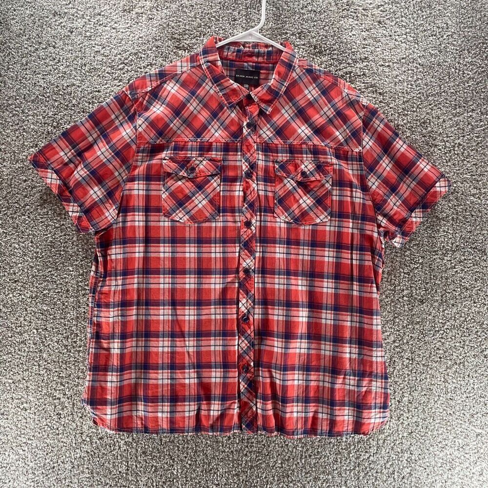 Silver Jeans Co Shirt Mens 2XL XXL‎ Red Blue Plaid Short Sleeve Button Up Adult